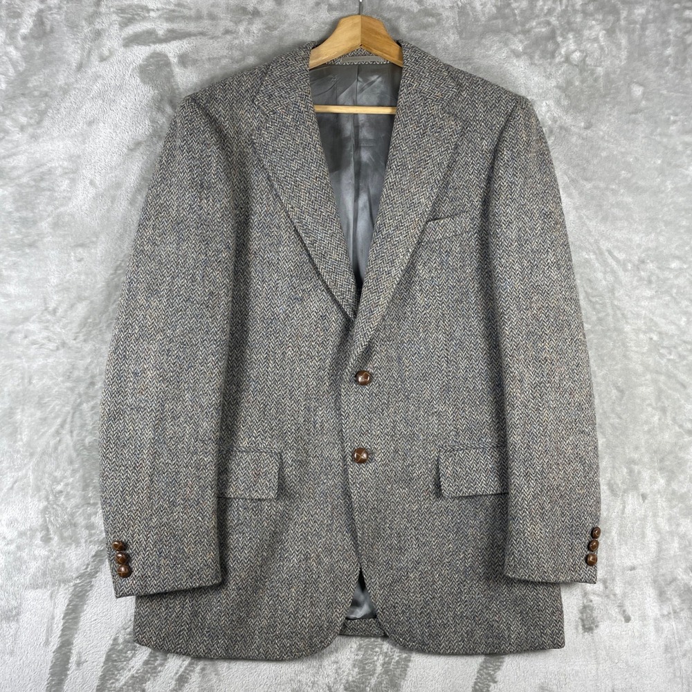 Vintage Harris Tweed Blazer Men 42 Gray Scottish Herringbone Wool Jacket